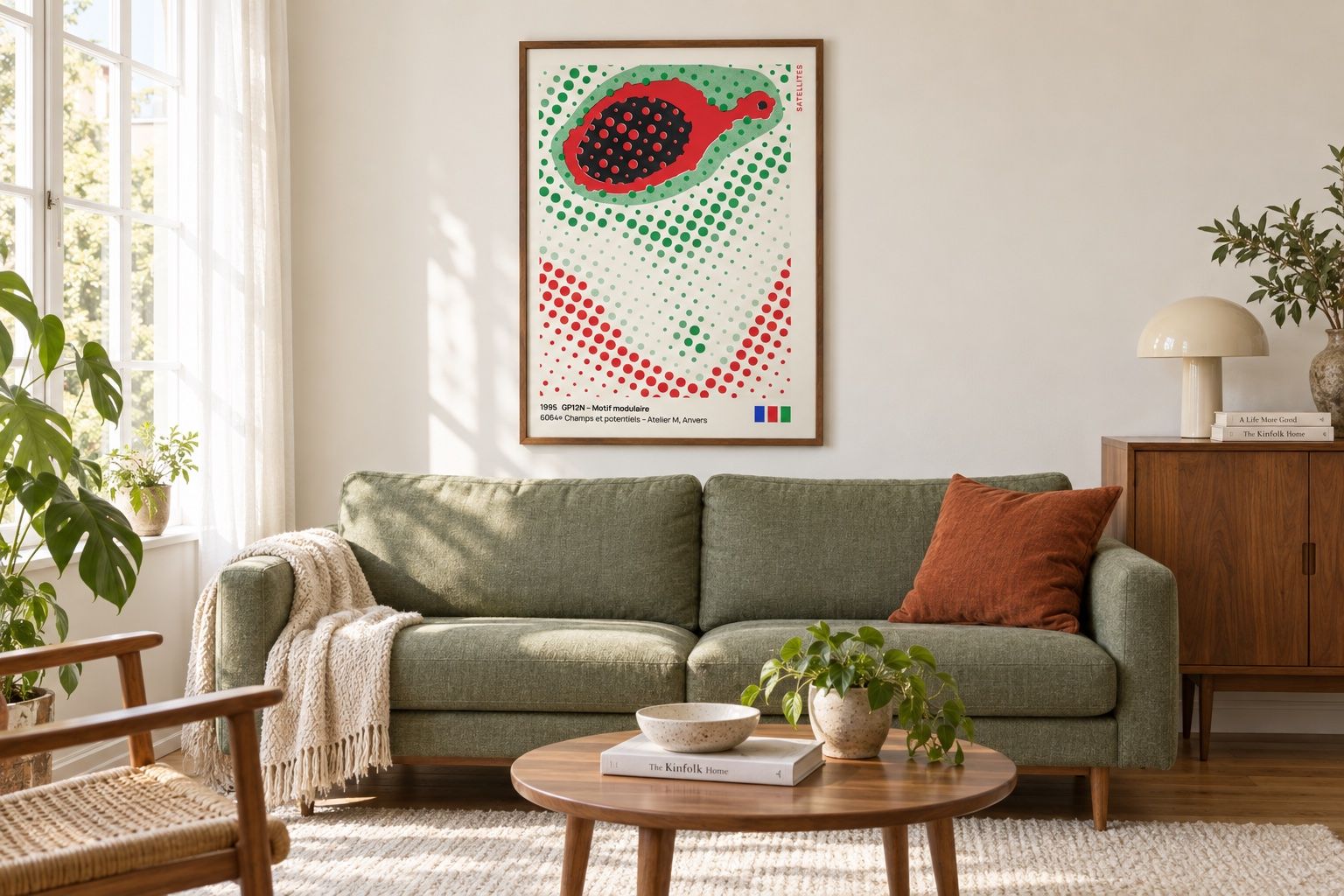Red and green Satellites poster above a sage sofa in a mid-century living room