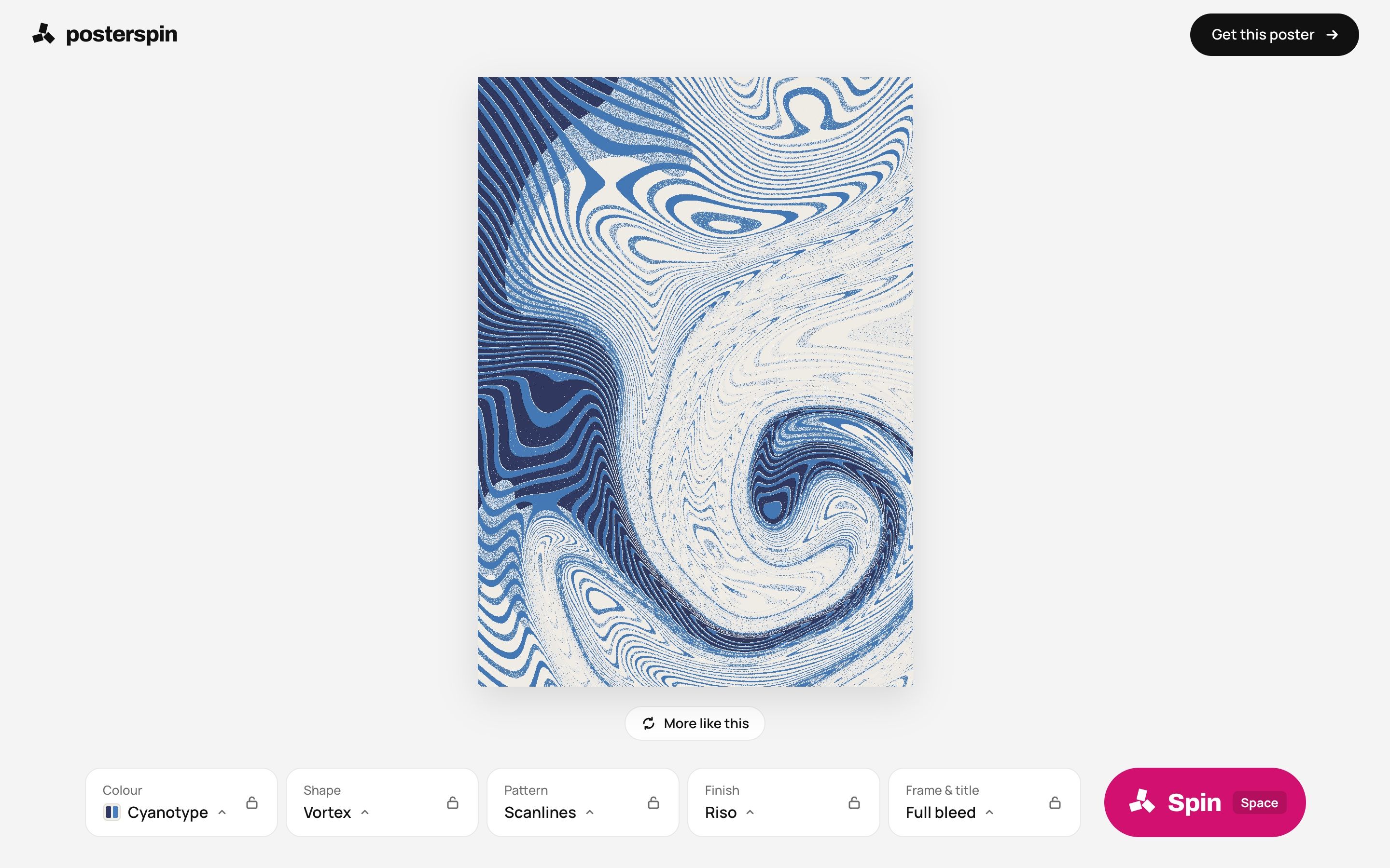The posterspin studio: a blue vortex poster above reels for colour, shape, pattern, finish and frame, next to a pink Spin button